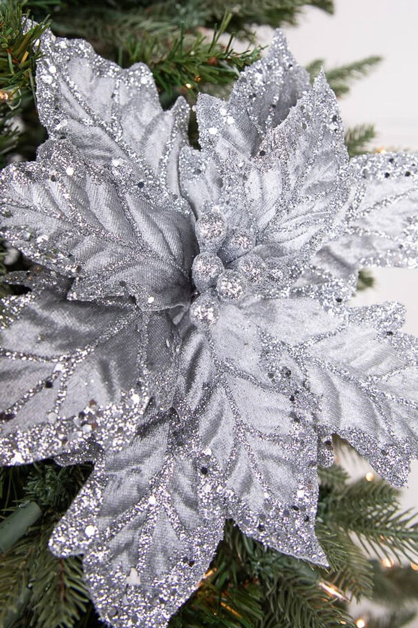 31” Large Silver/White with Sequins Poinsettia - Decorator's Warehouse