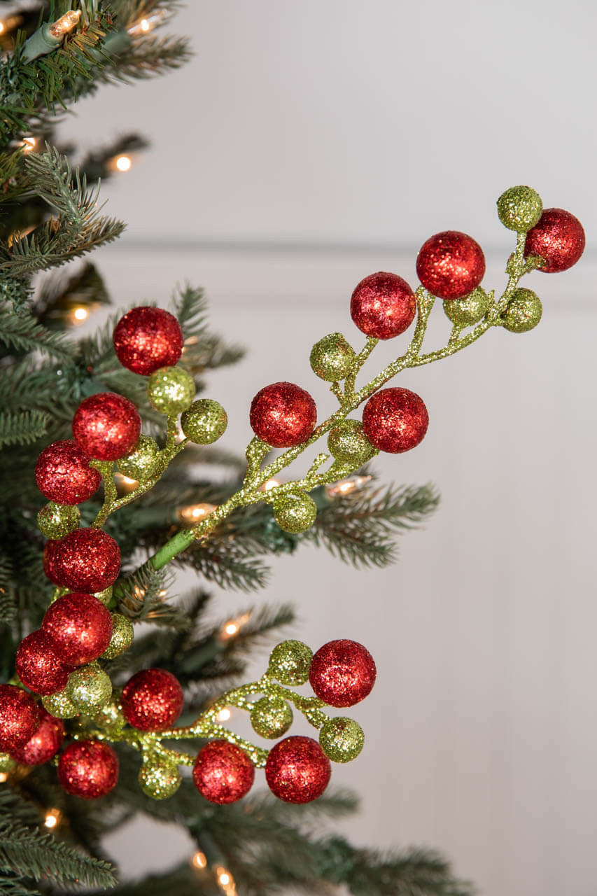 Twisted Twirl Red and Green Glitter Picks Tinsel Ball Floral Stems