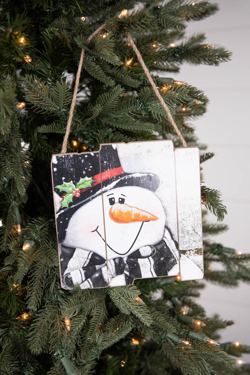 6.6” Wood Snowman Sign - Cranberry Christmas Tree Ornaments