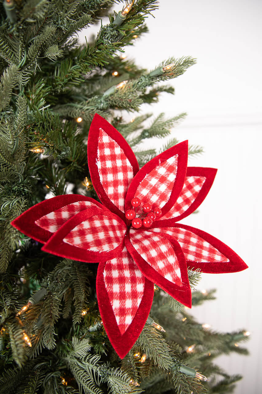 22” Red and White Plaid Poinsettia Stem with Red Berries