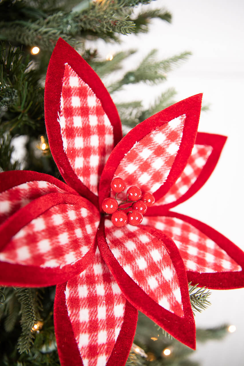 22” Red and White Plaid Poinsettia Stem with Red Berries - Cardinal ...