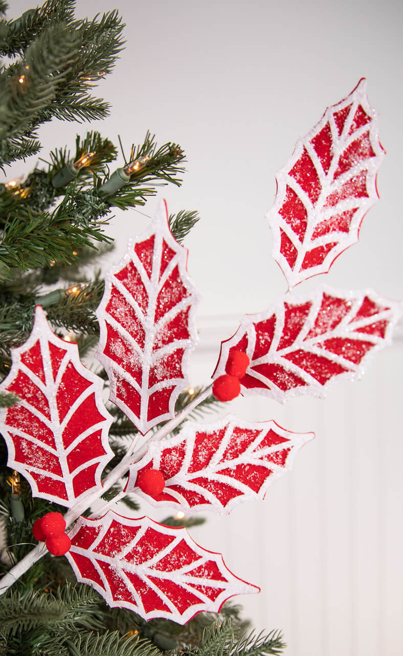 24” Red and White Leaf Stem with Red Berries - Decorator's Warehouse