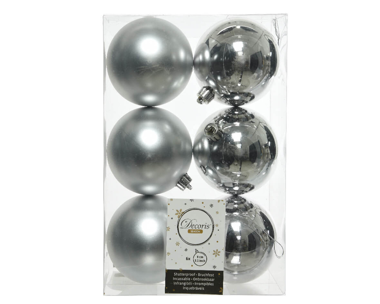 3.1” Shiny/Matte Silver Shatterproof Ornaments - Set of 6