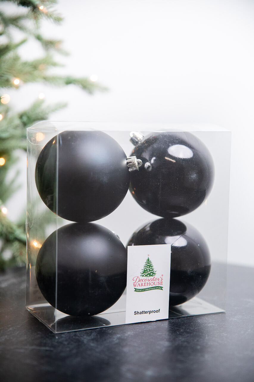 3.9” Shiny/Matte Black Shatterproof Ornaments - Set of 4