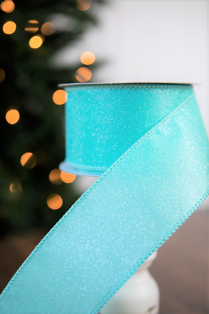 1.5 Turquoise Glitter Satin Ribbon Wired Ribbon 