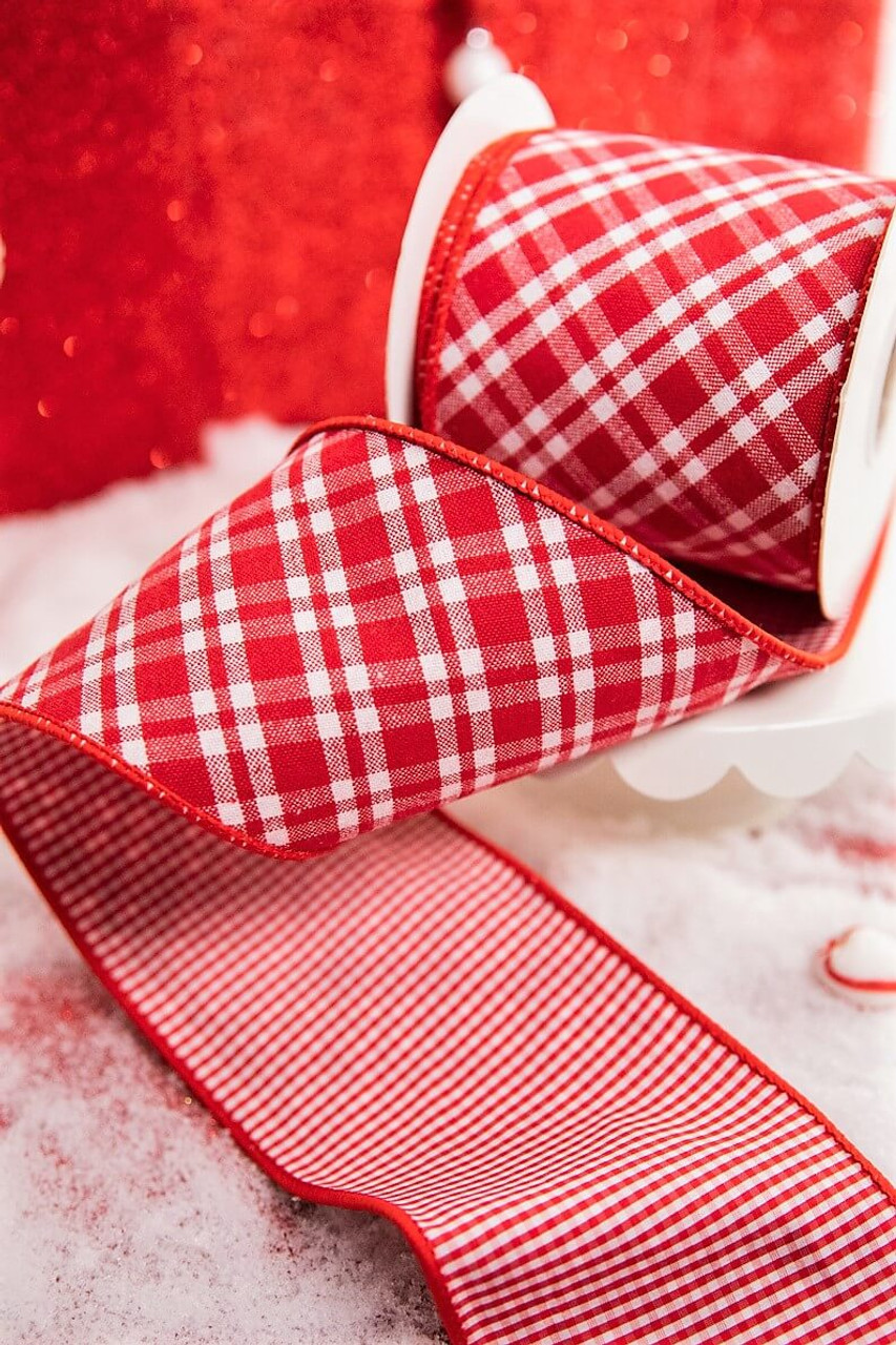 Red/white Mini Gingham Check Red Stripe Center Wired Ribbon, 1.5 X