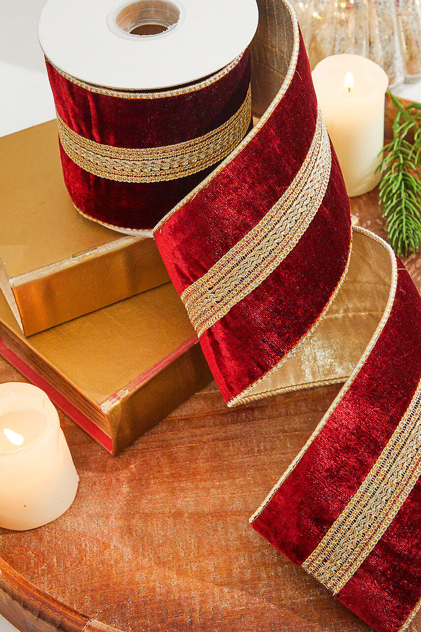 Burgandy/Gold Double Sided Wired Velvet 4 Ribbon 5 Yards
