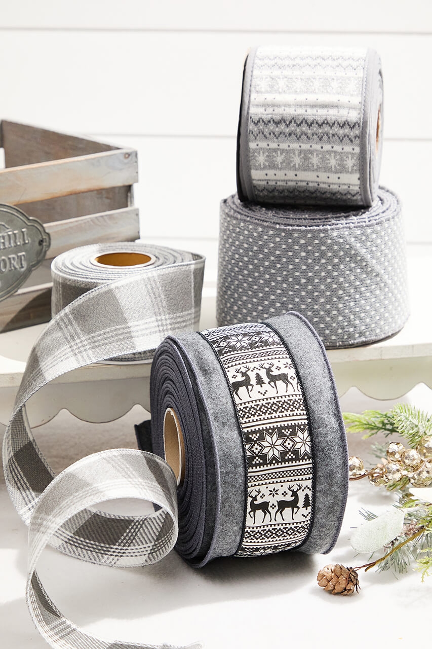 2.5” x 10 Yard Grey Flannel Plaid Wired Ribbon - Cranberry Christmas Ribbon