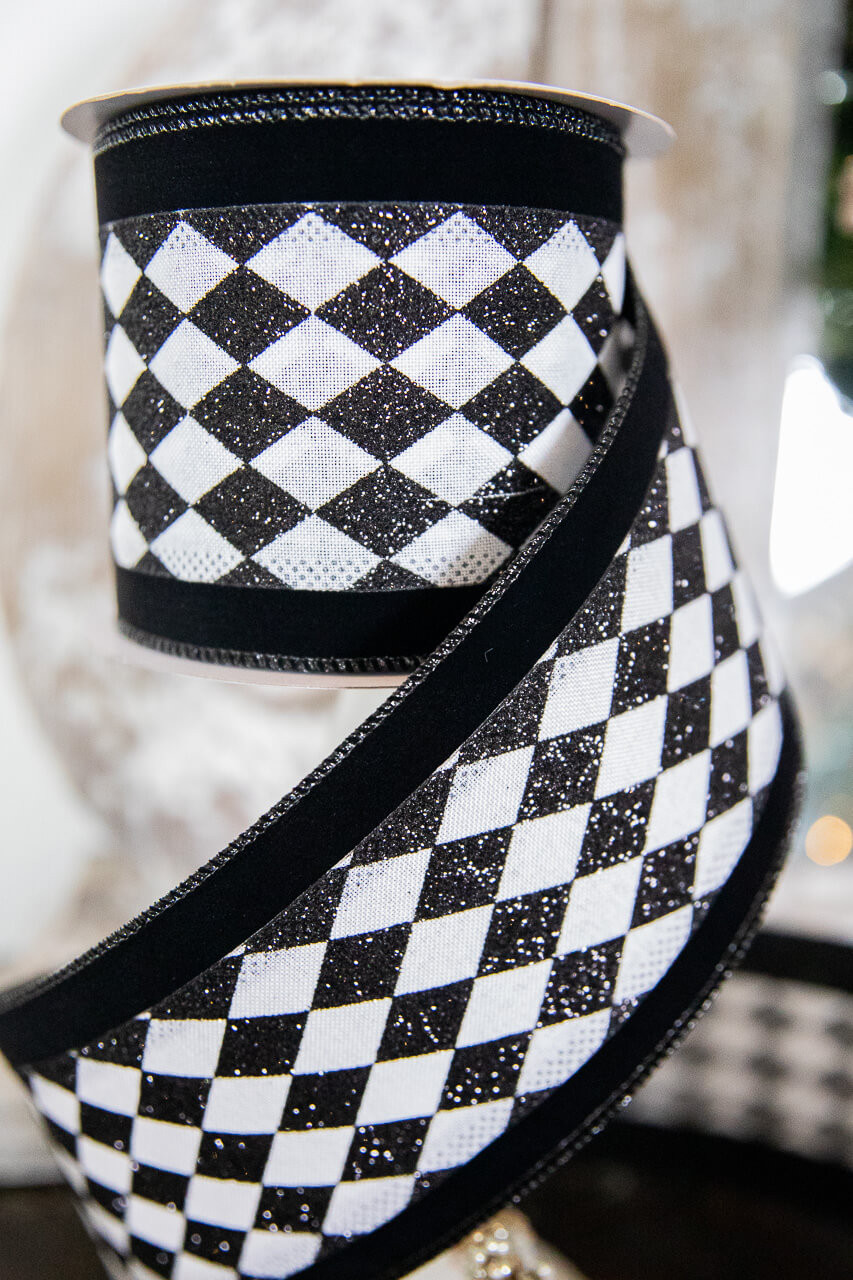 Checkered Glittered Ribbon, Designer Wired Ribbon, Wreath Supplies, 2.5  White and Black Ribbon, Black and White Checkered Ribbon 