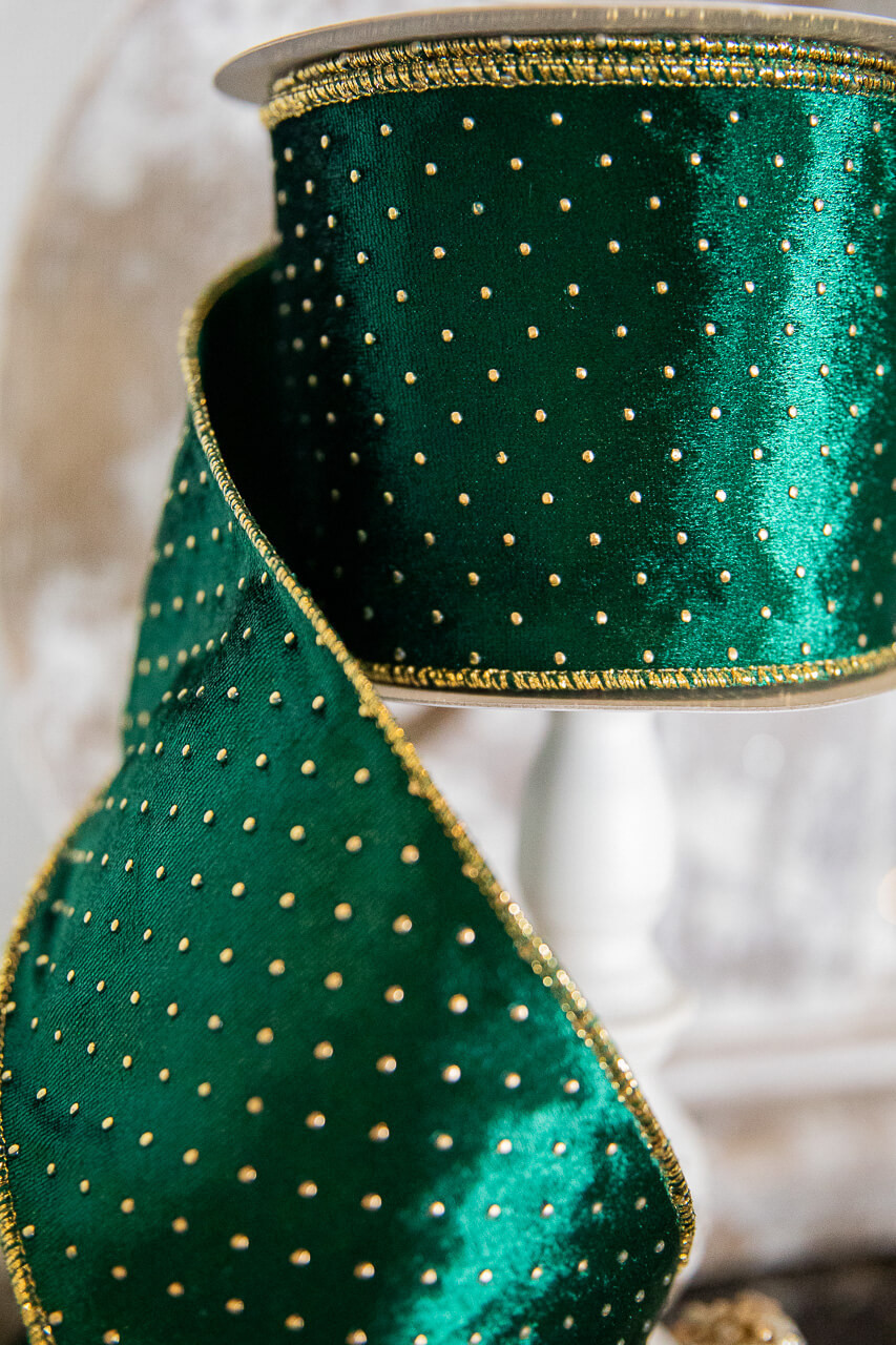 4 x 10 Yard Green Velvet with Gold Dots Wired Ribbon
