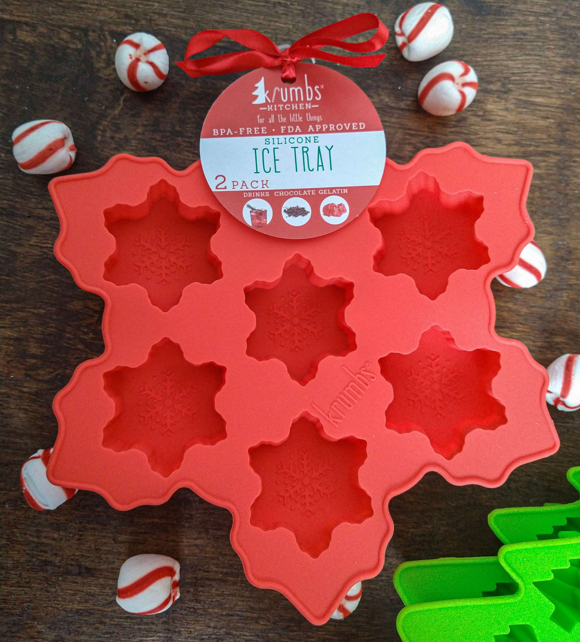 Holiday Helpers (2 Pack) Holiday Kitchen Silicone Ice Cube Trays Green Snowmen & Red Christmas Trees