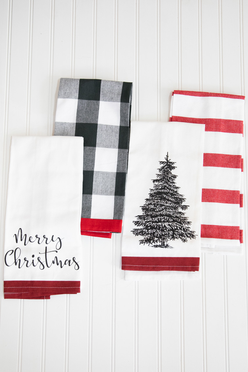 Cotton Kitchen Tea Towels - 2 Country Check, 2 White with MERRY CHRISTMAS