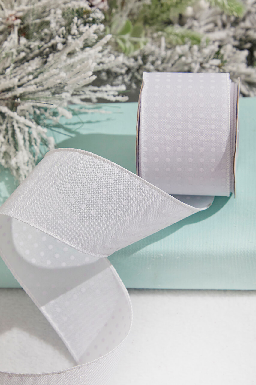 2.5 x 10 Yard White with Polka Dot Wired Ribbon