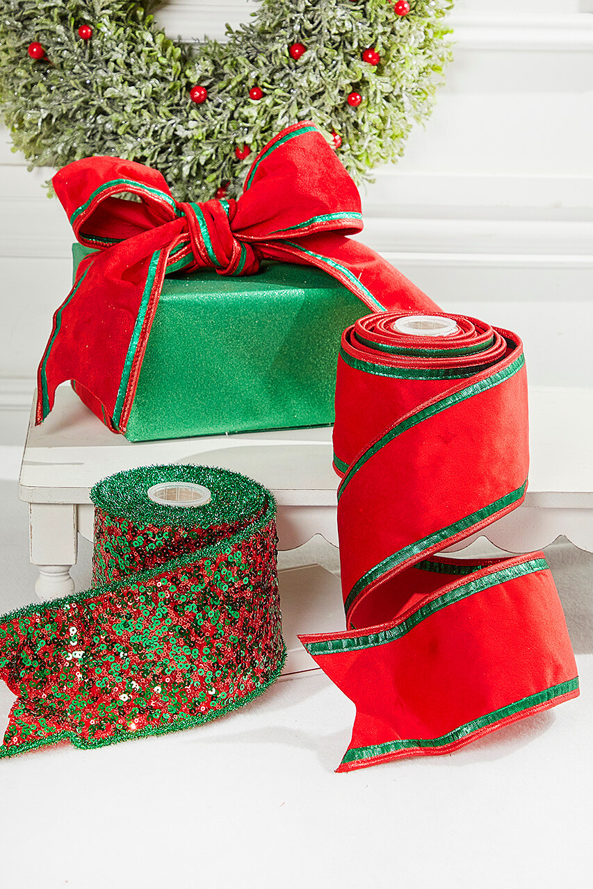 4” x 5 Yard Red & Green Piping Velvet Metallic Dupion Ribbon