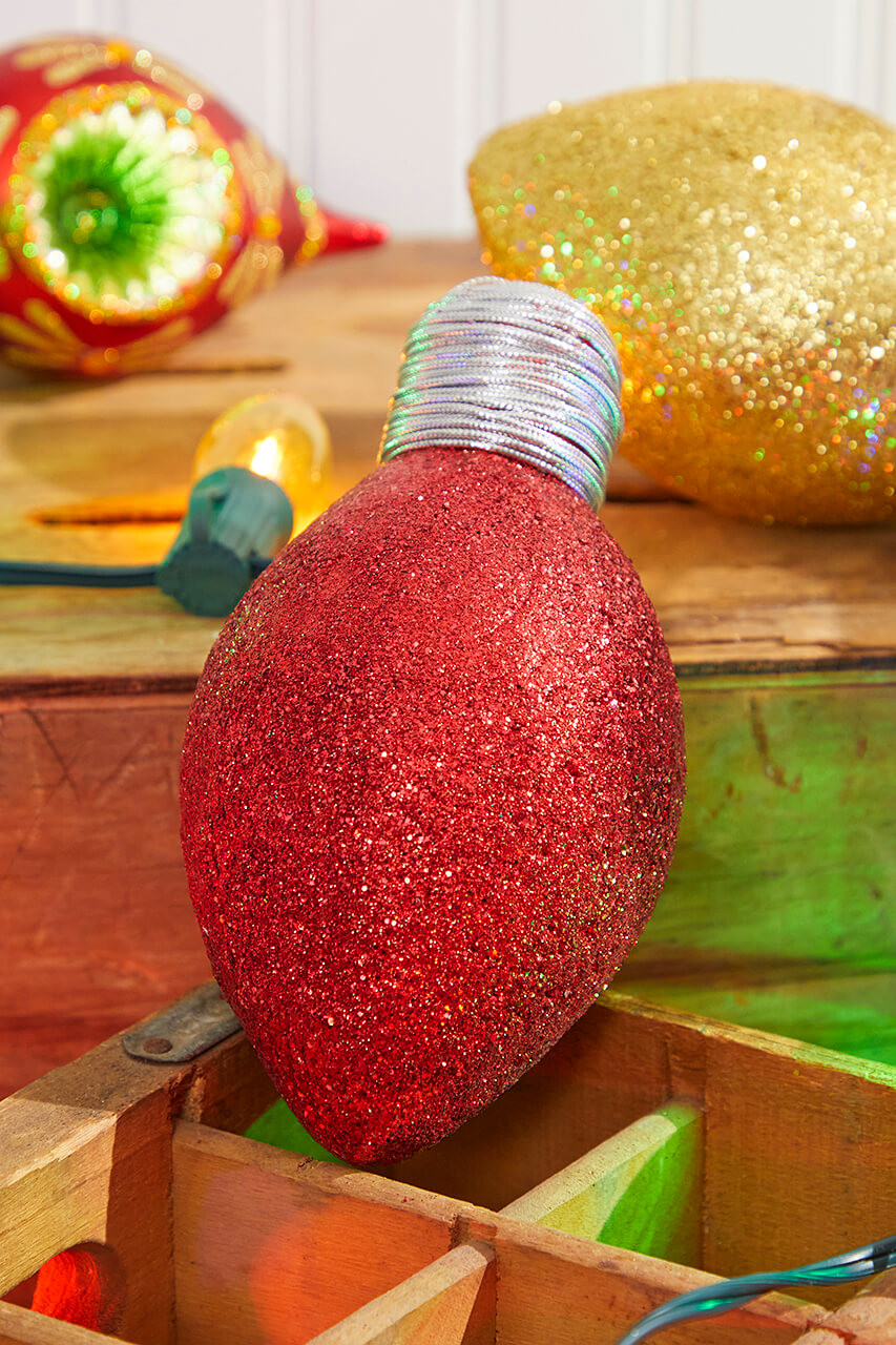 7 Glitter Lightbulb Ornament Red