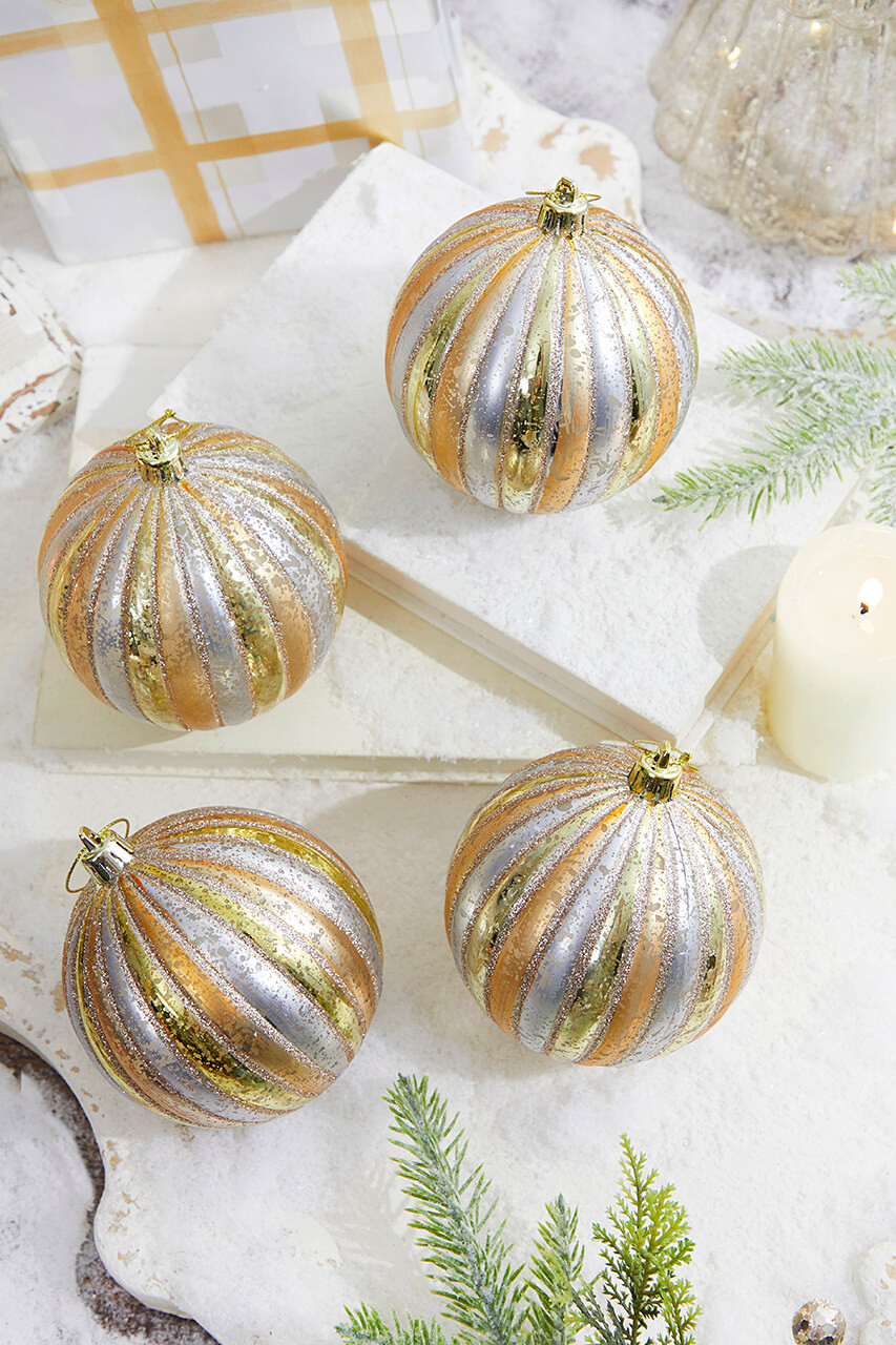 4 Gold/Silver Stripe Mercury Ball Ornament Box - Set of 4 - Decorator's  Warehouse