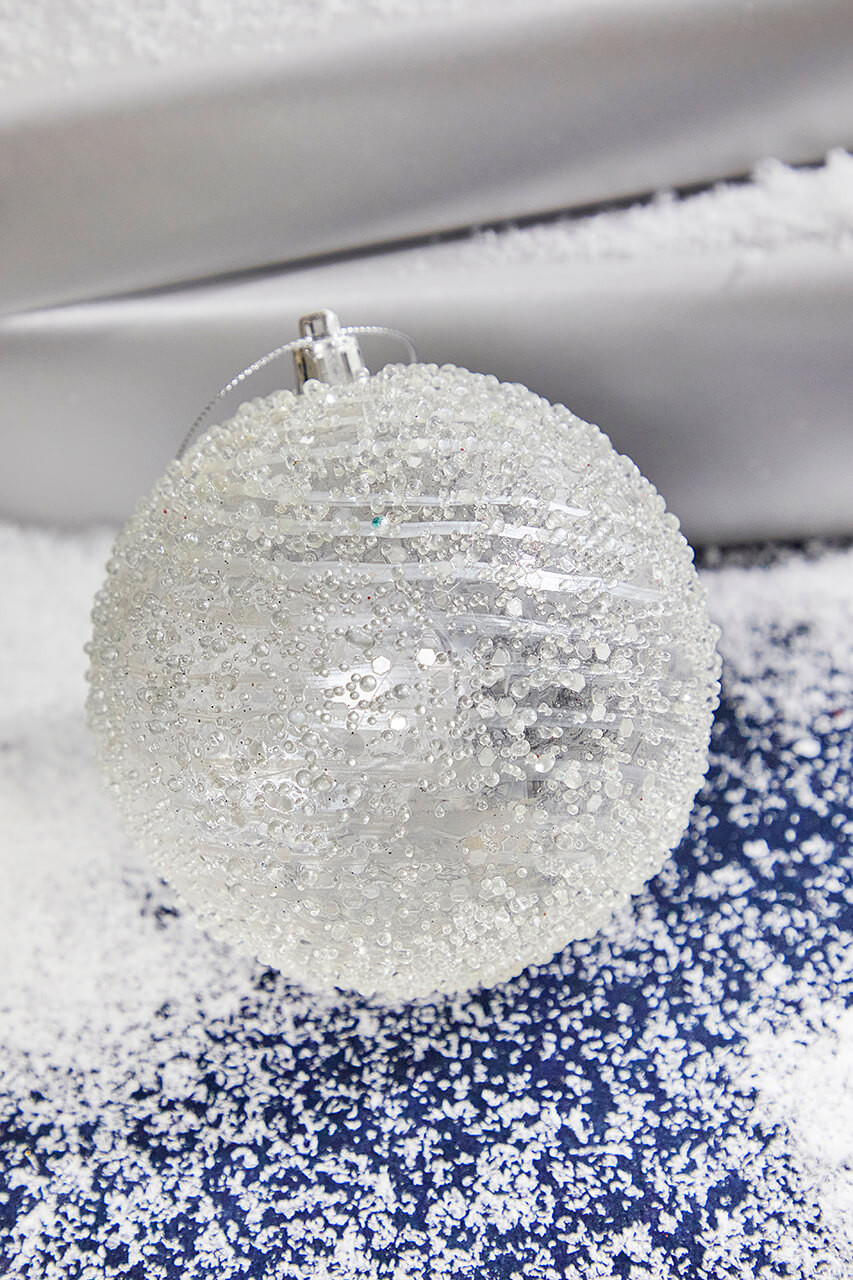 4” Clear White Swirl Iced Ball Ornament