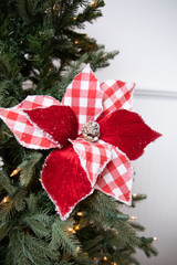 22” Red and White Checker Poinsettia Stem - Cranberry Christmas Flowers