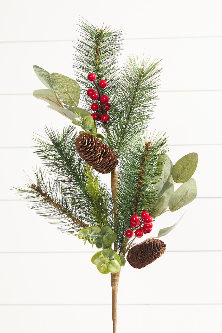 28” Frosted Mixed Pine Glitter Berry Spray - Rustic Christmas Sprays