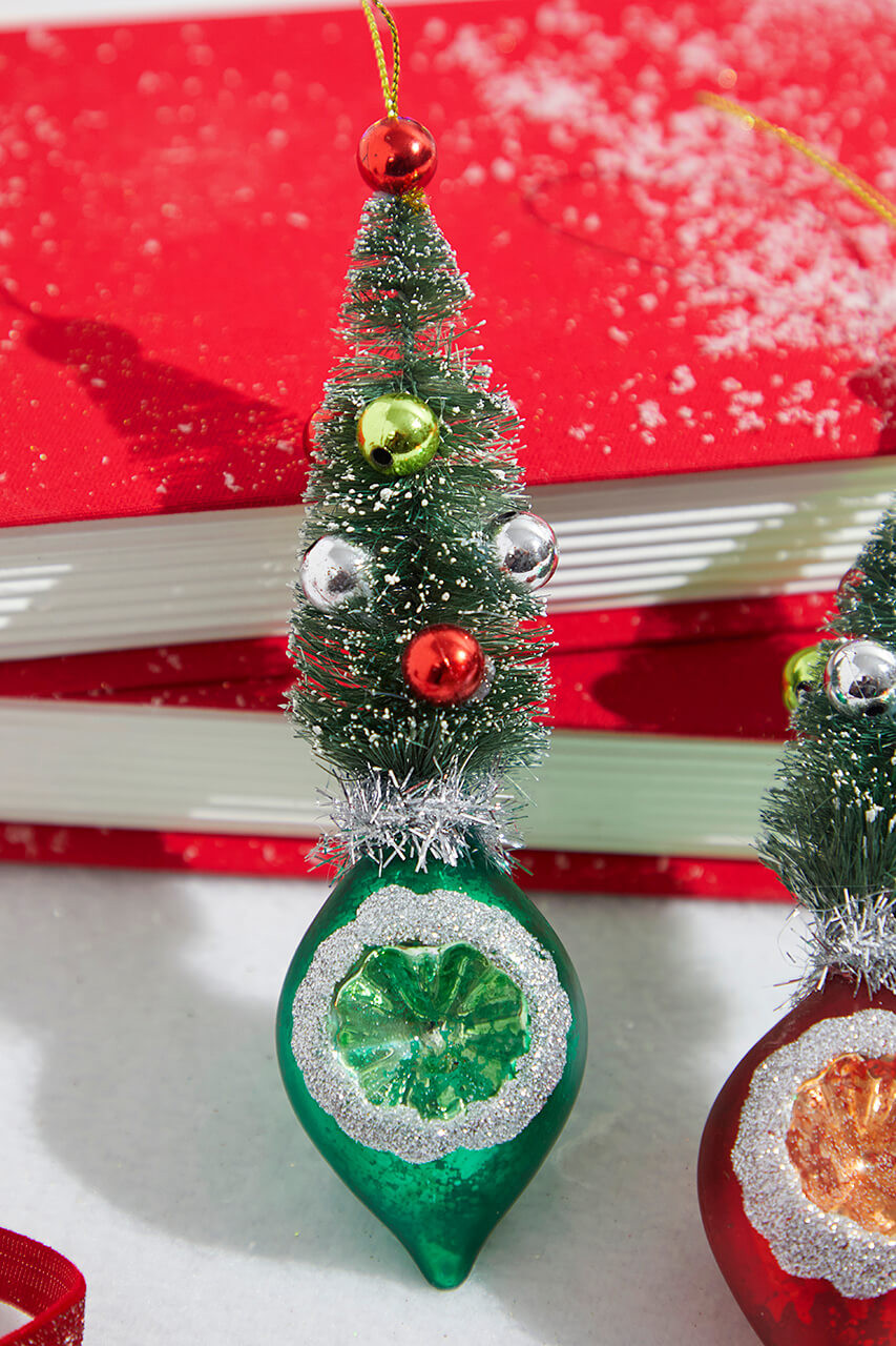 9" Glass Reflector with Bottle Brush Tree Ornament - Decorator's Warehouse
