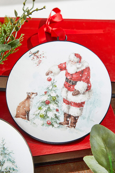 5.75” Santa and Animal Disc Ornament - Decorator's Warehouse