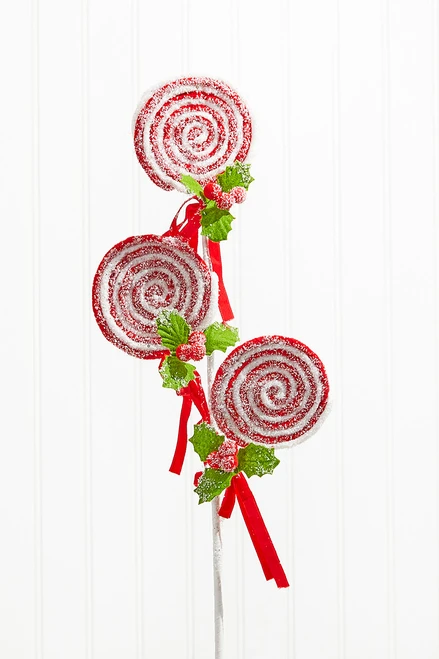 25" Lollipop with Pom Pom Holly Spray - Red/White