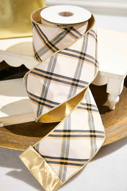 4" x 5 Yard Plaid Bias Cut Metallic Dupion Back Ribbon