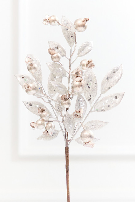 15" Glitter Metallic Berry Leaves Pick