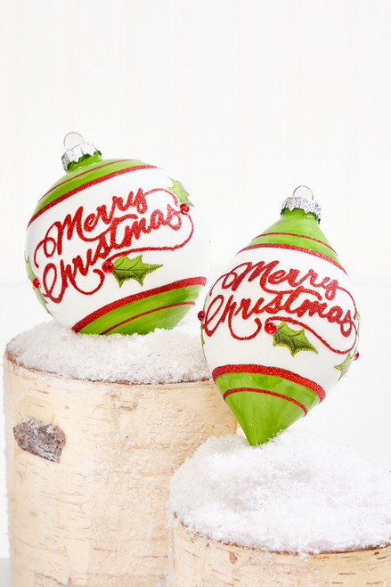 4" - 6" Red & Green "Merry Christmas" Glass Ornament