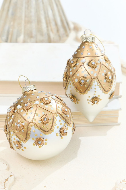 4" - 6" Ivory & Gold Jeweled Glass Ornament