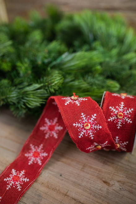 Snowflake/Button Burlap Ribbon - Red