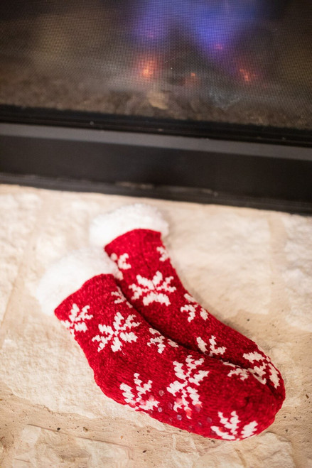 Red Chenille Snowflake Thermal Slipper Socks w/ Non-Slip Grippers