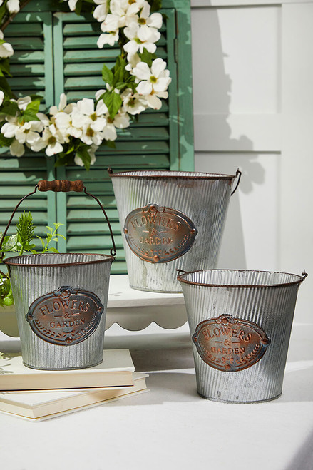 Nested Metal Antique Buckets with “Flower & Garden” Medallion - Set of 3