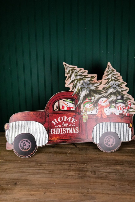 33.4” Wood Snowman in Red Truck with Easel