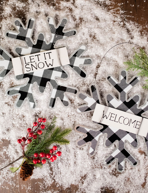 11.8”H Metal & Wood Black and White Buffalo Plaid Snowflake