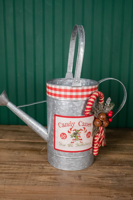 11.8” H Galvanized Metal Candy Cane Watering Can with Pine & Jingle Bell Accent