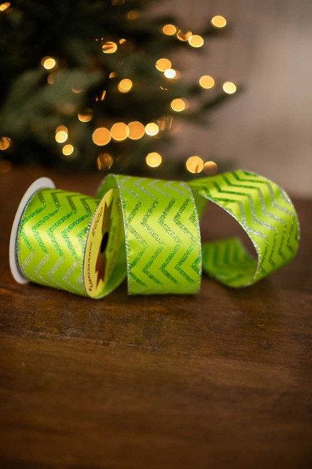 2.5" x 10 Yard Silver/Green Wavy Stripes on Green Ribbon