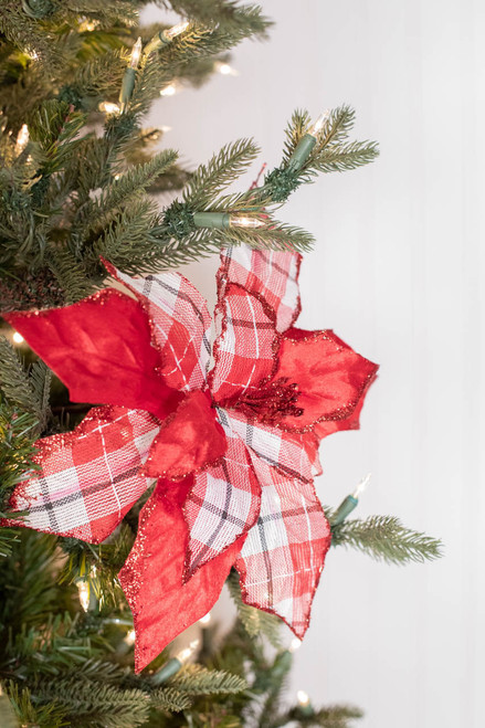 24” Velvet/Plaid Poinsettia Stem Cranberry Christmas Flower