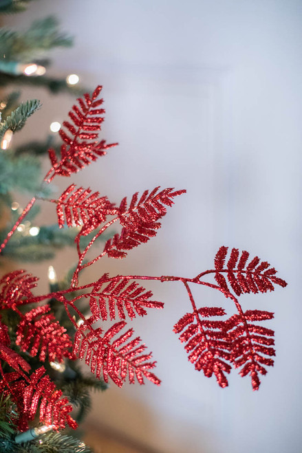 35” Glitter Lacy Fern Leaf Christmas Spray Red