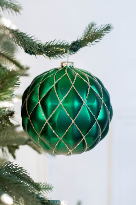 15 CM Emerald Green Matte Glitter Quilted Net Ball Christmas Ornament