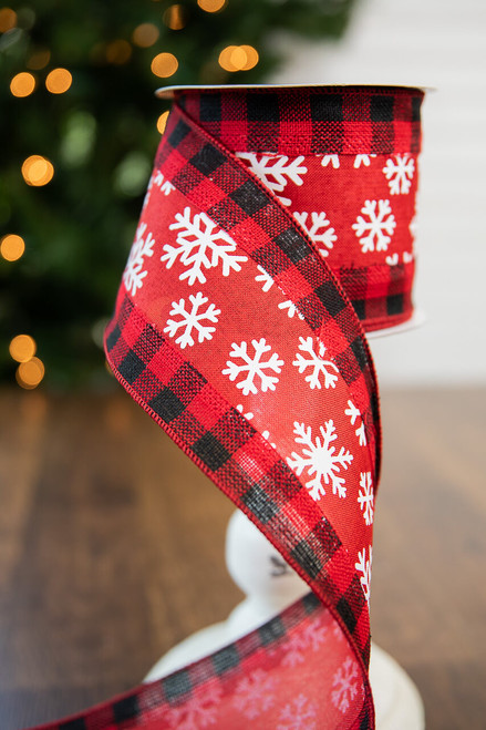 Buffalo Plaid Edge Snowflake Cranberry Christmas Ribbon