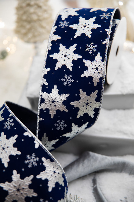 Navy Velvet Ribbon with Silver Snowflakes