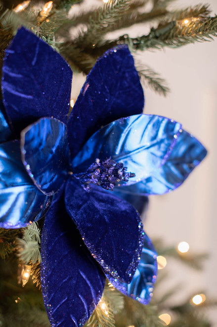 22” x 12” Royal Blue Velvet Poinsettia Stem Nutcracker Christmas Flowers