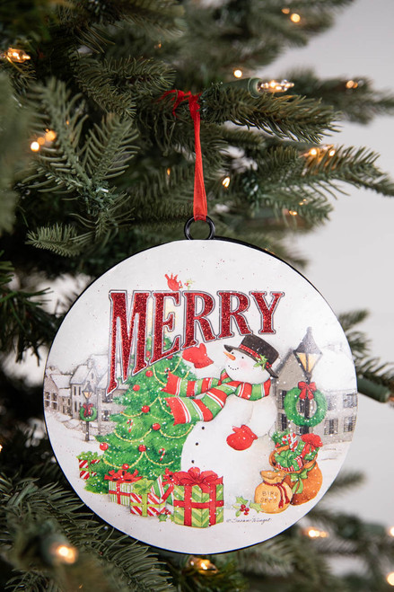 Metal Holiday Snowman "Merry" Ornament