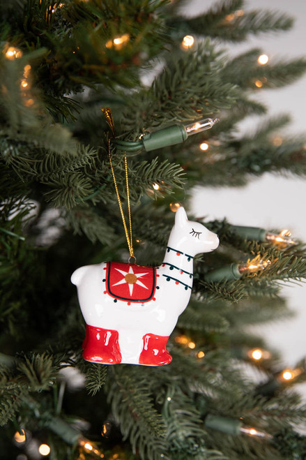 3.3” Ceramic Winter Llama with Red Blankets and Stars Christmas Ornament