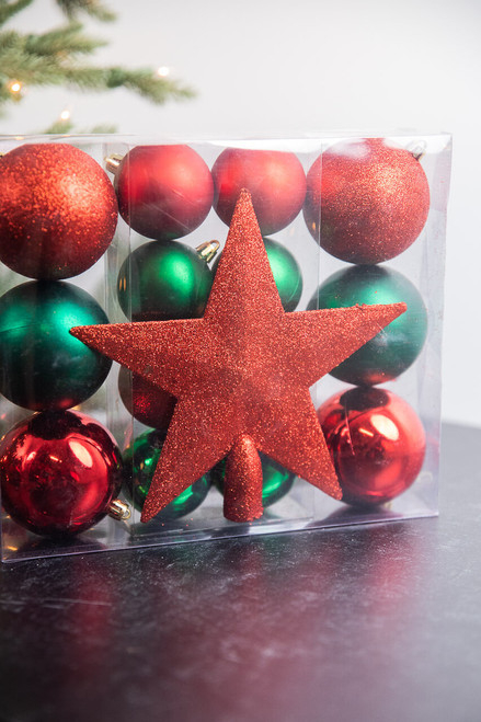 Red & Green Shatterproof Ornament & Star Set - 15 Ct