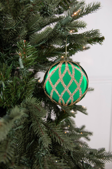 10cm Green Matte with Gold Glitter Net Flat Disk Ornament