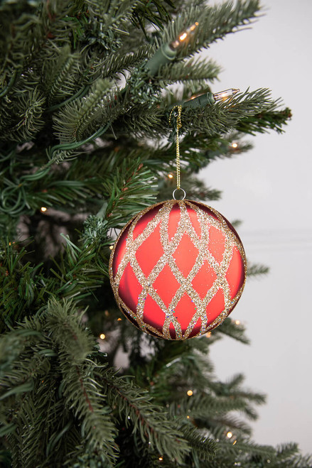 10cm Red Matte with Gold Glitter Net Flat Disk Ornament