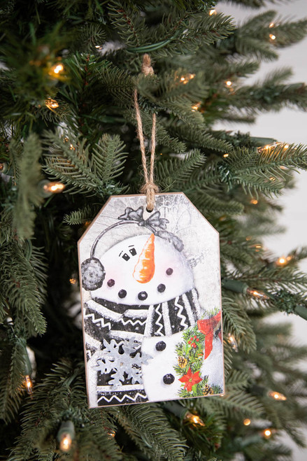 5.75” Wood Snowman Tag Ornament with Ear Mitts