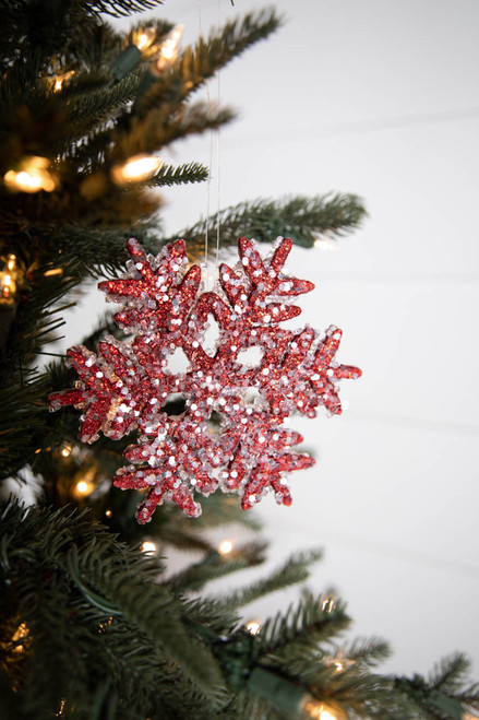 6” Iced Glitter Snowflake Cranberry Christmas Tree Ornaments in Red